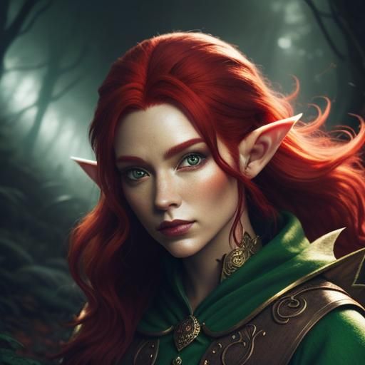 Happy Red-Haired Elf in Glowing Forest