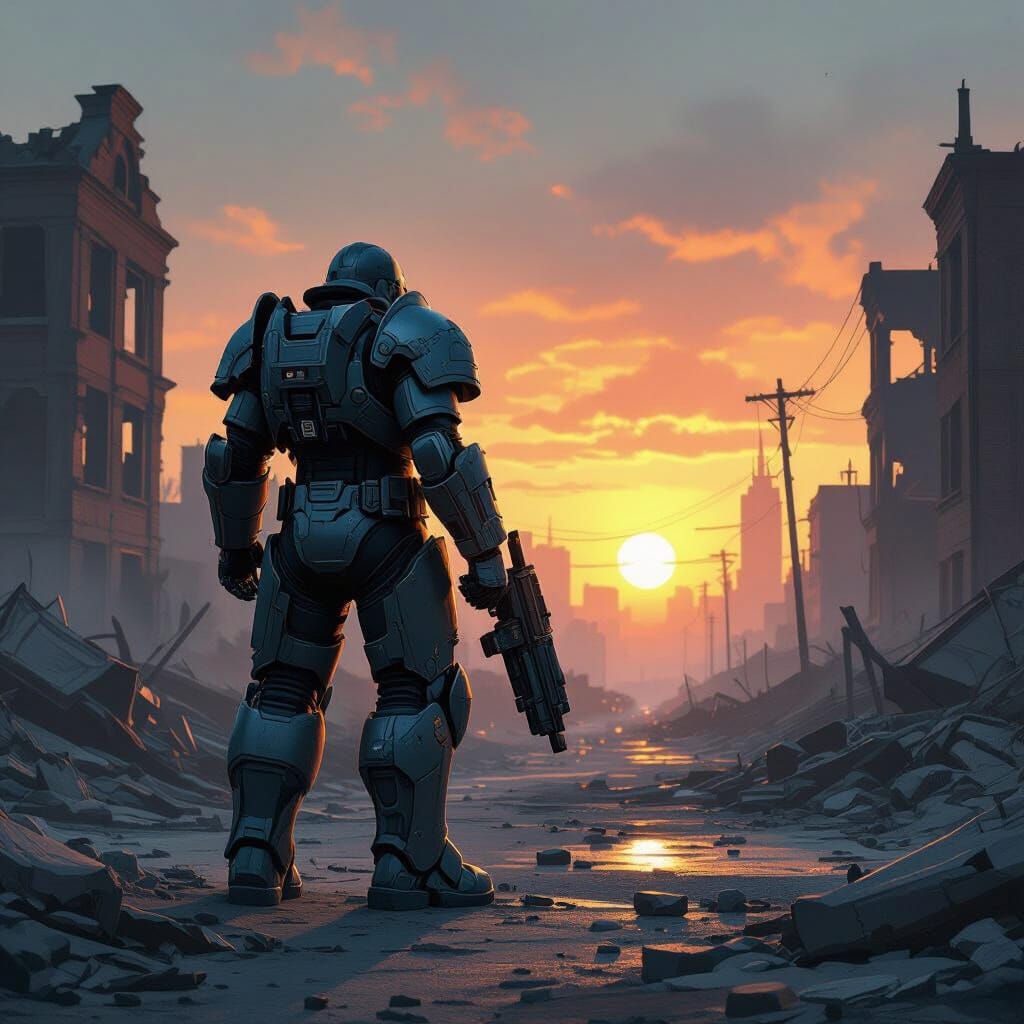 Fallout 4 Concept Art: Survivor in Power Armor Amidst Boston...