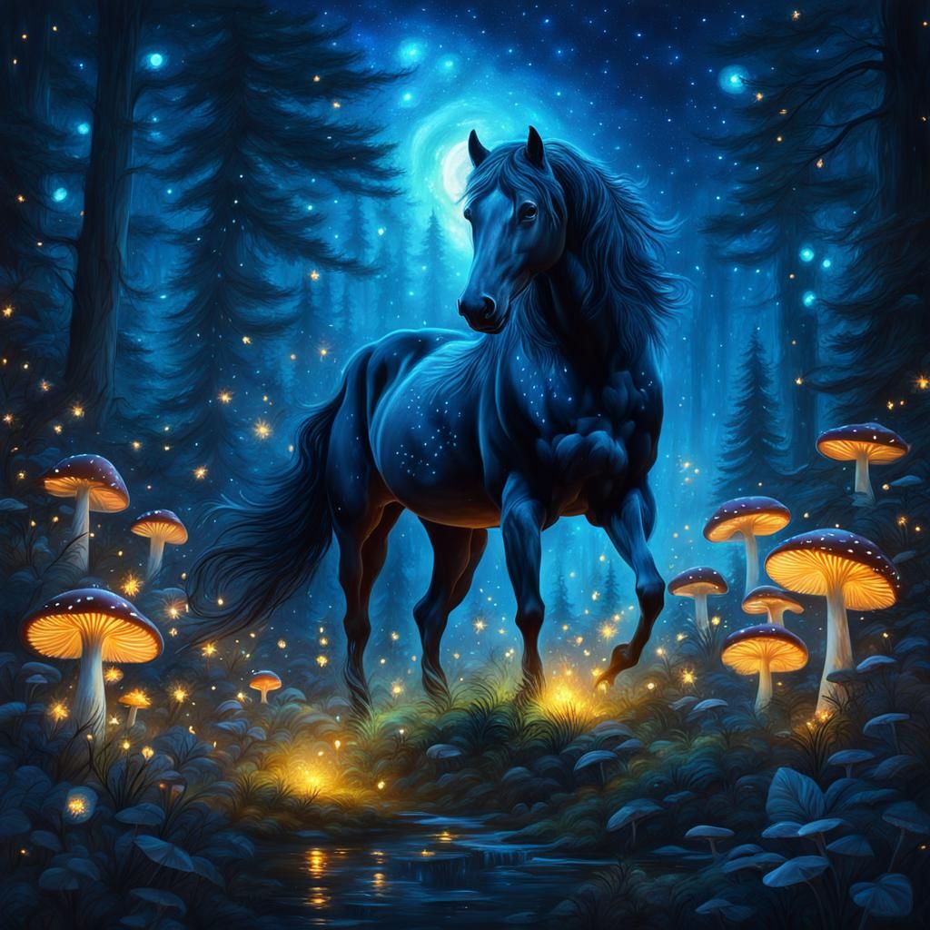 Fantasy Stallion in Firefly Forest at Night