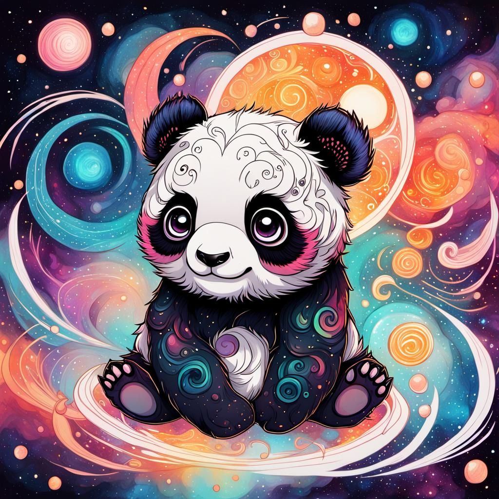 Charming Chibi Panda in Cosmic Ink Sketch