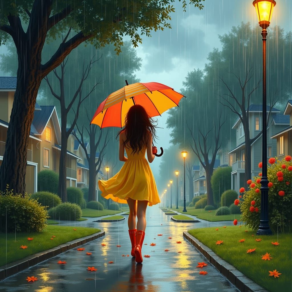 Woman in Yellow Dress Walking in Stormy Street