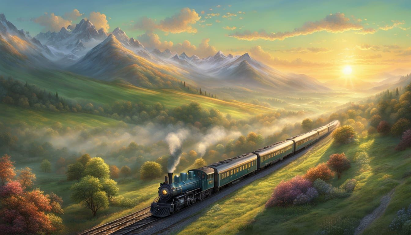 Train Under Sunrise in Ethereal Fantasy Art Style