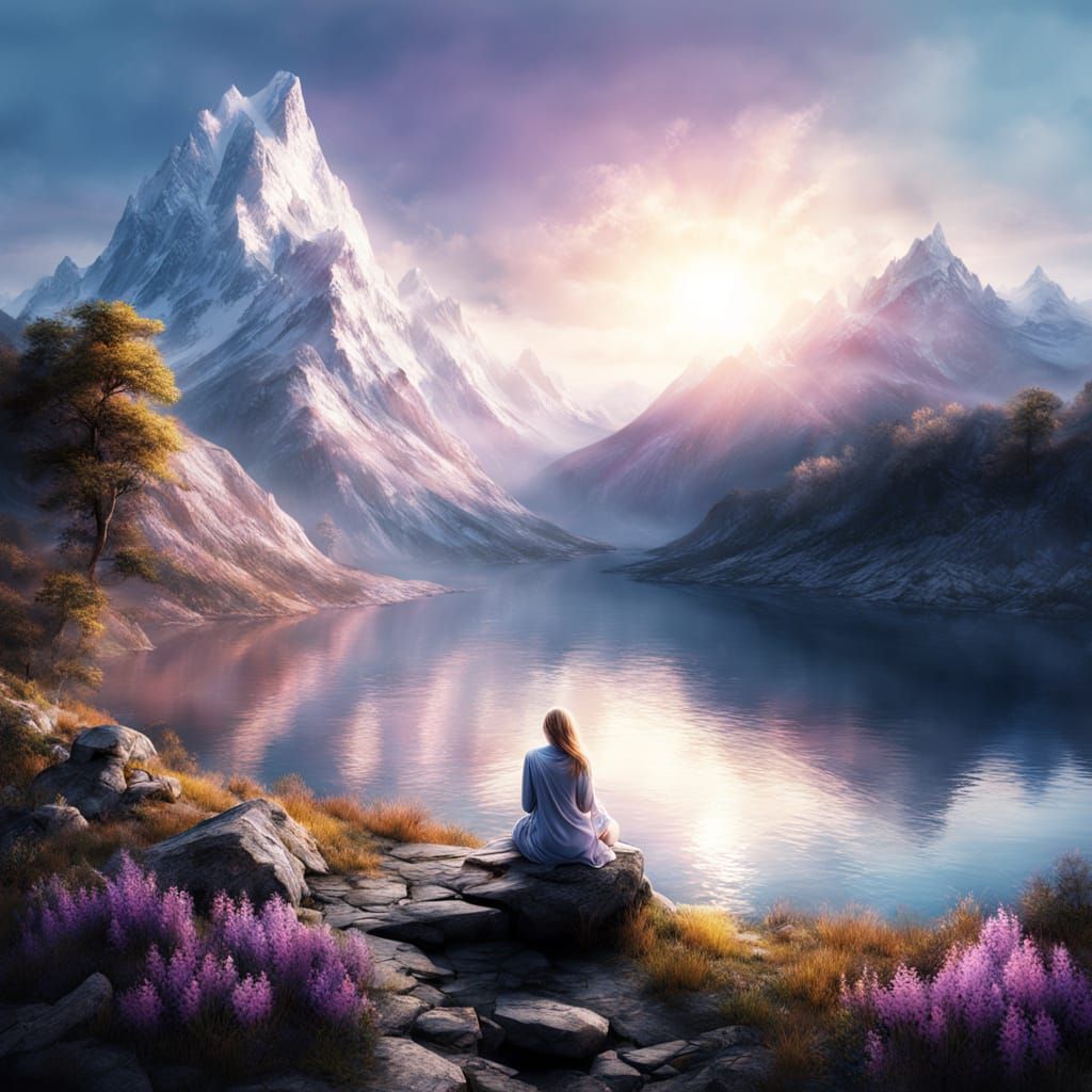 Dreamy Lilac Lake Landscape with Neo-Impressionist Brushstro...