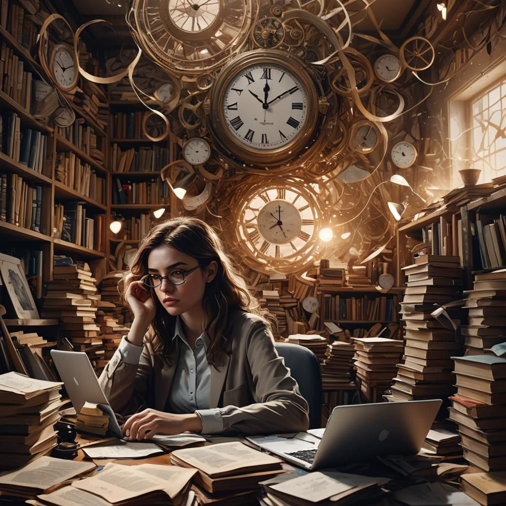 Stressed Student in Cluttered Office: Digital Art