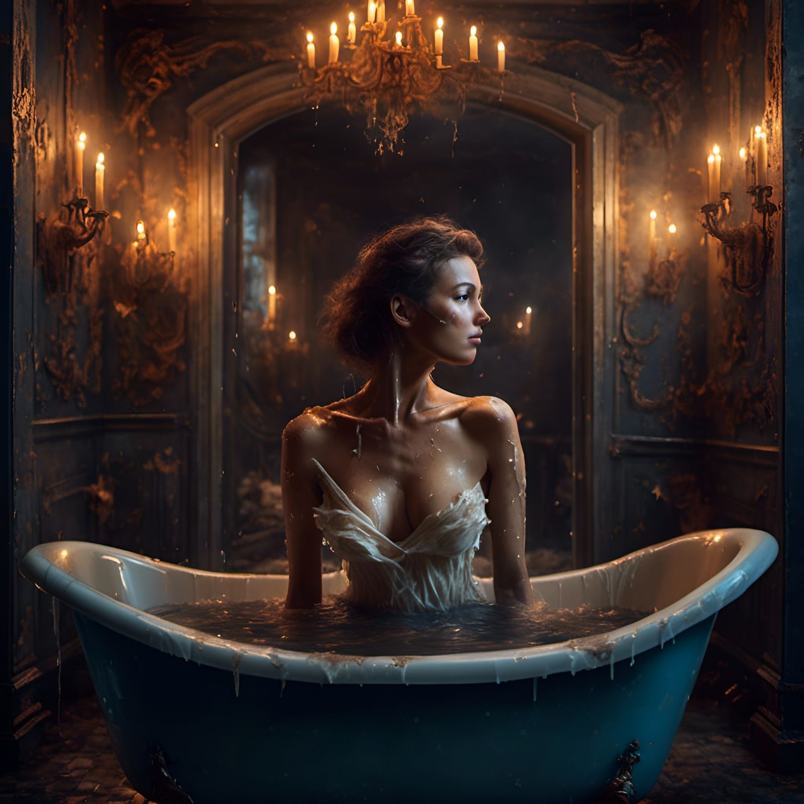 Hyperreal Woman's Bath with Hidden Horror