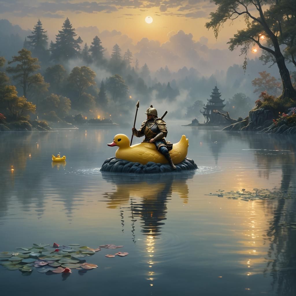 Warrior on Giant Rubber Duck in Misty Lake