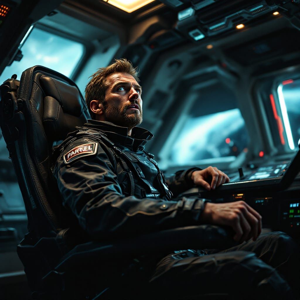 The Commander of a hyper realistic super cool sci-fi cargo space craft from a similar planet to earth in another galaxy ...