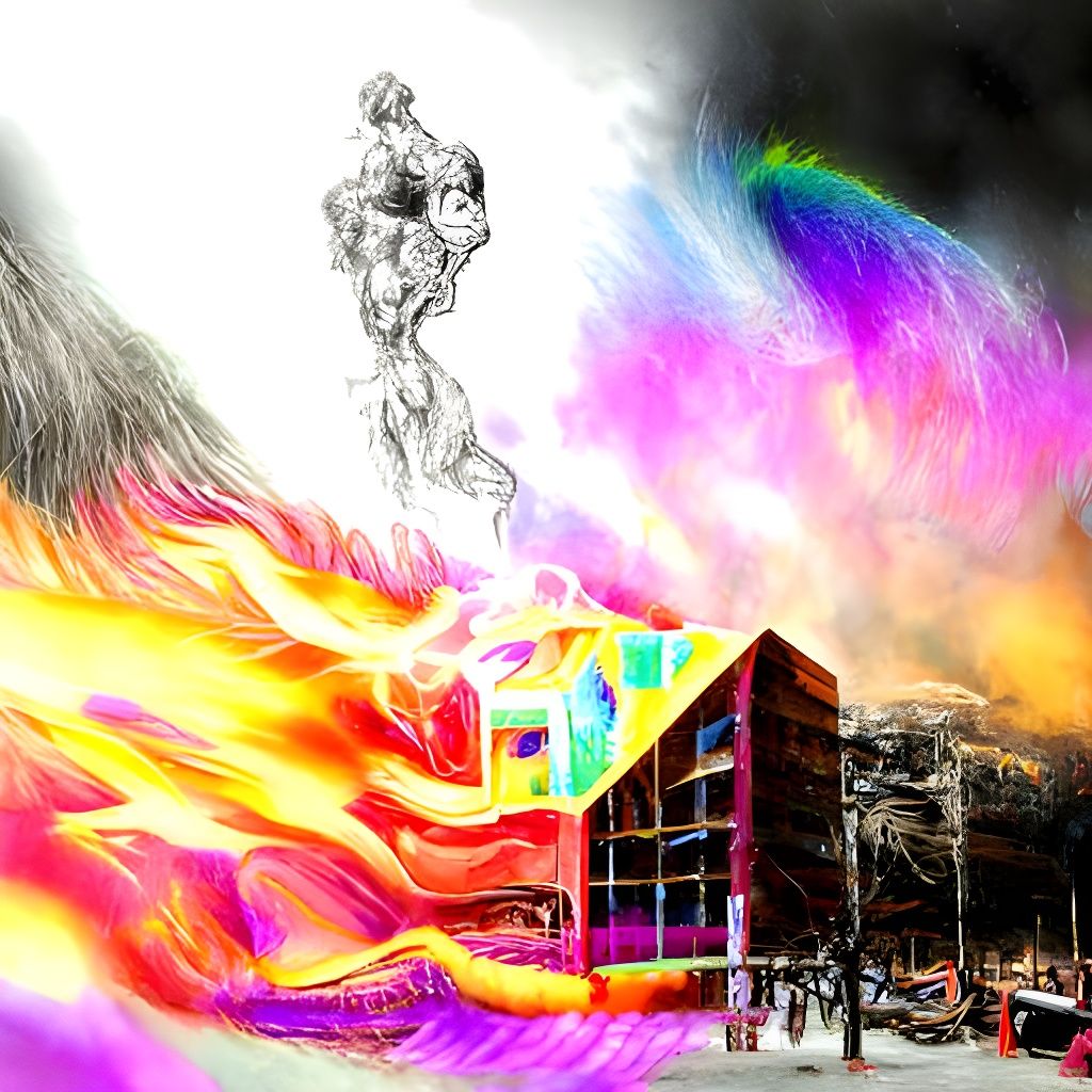Burning Building with Rainbow Fire: Astral Illustration