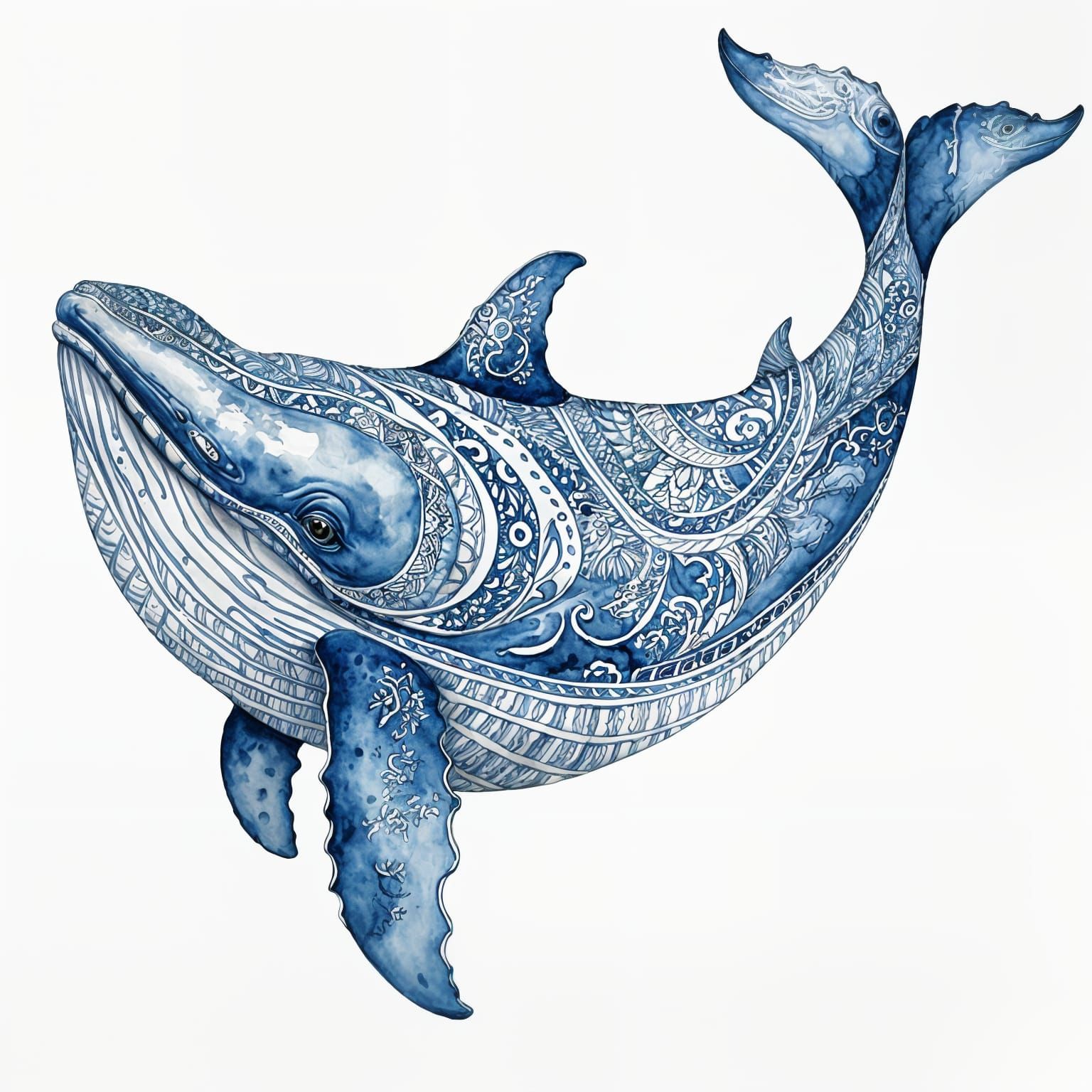 Delft Blue Zentangle Whale Watercolor Illustration