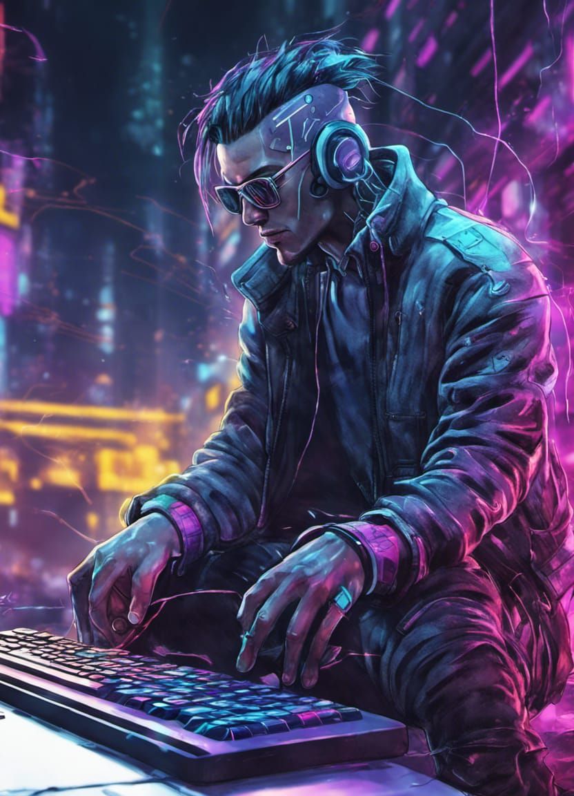 Cyberpunk Hacker in Neon Cityscape: 8K Concept Art