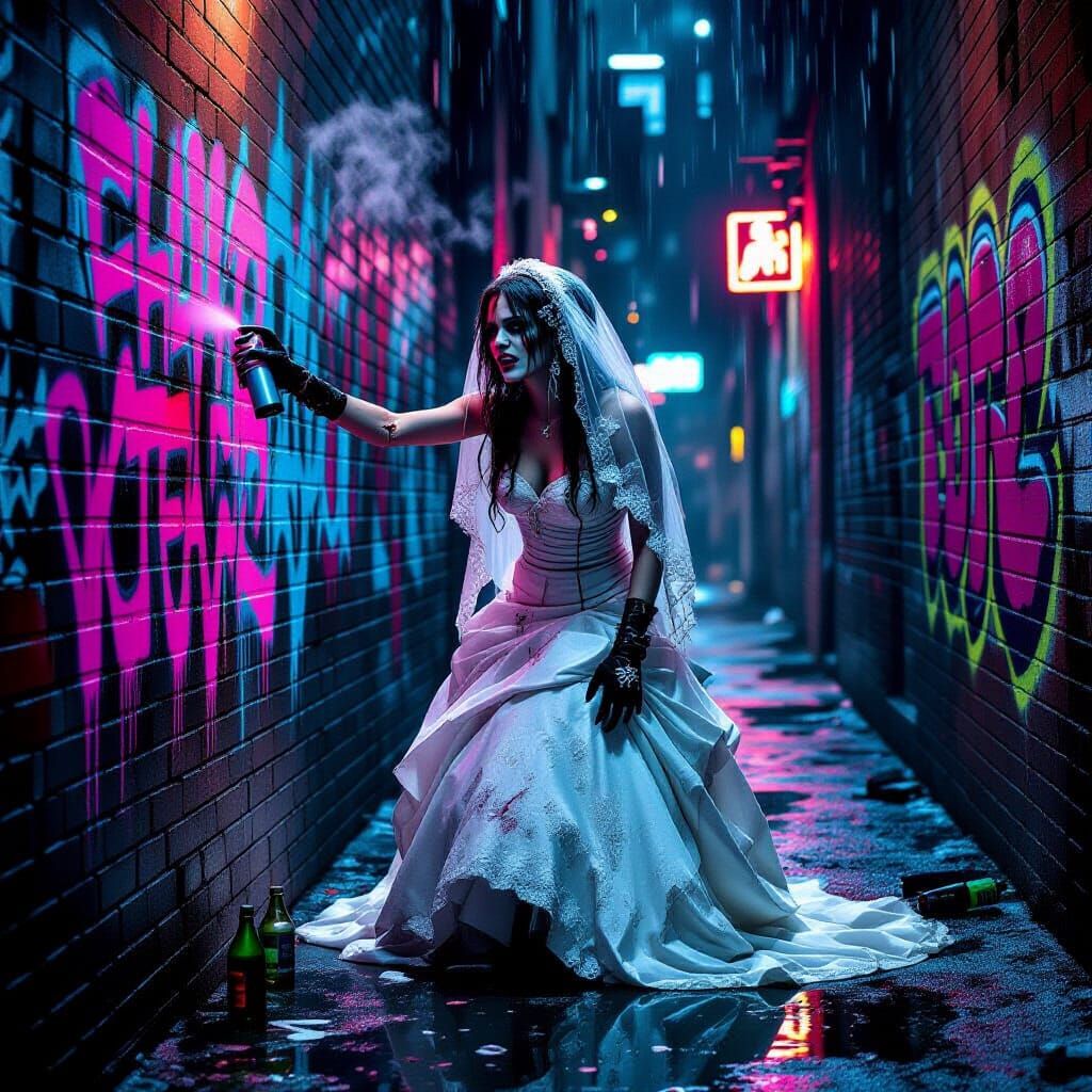 Deranged Bride in Rainy Alleyway Painting Graffiti