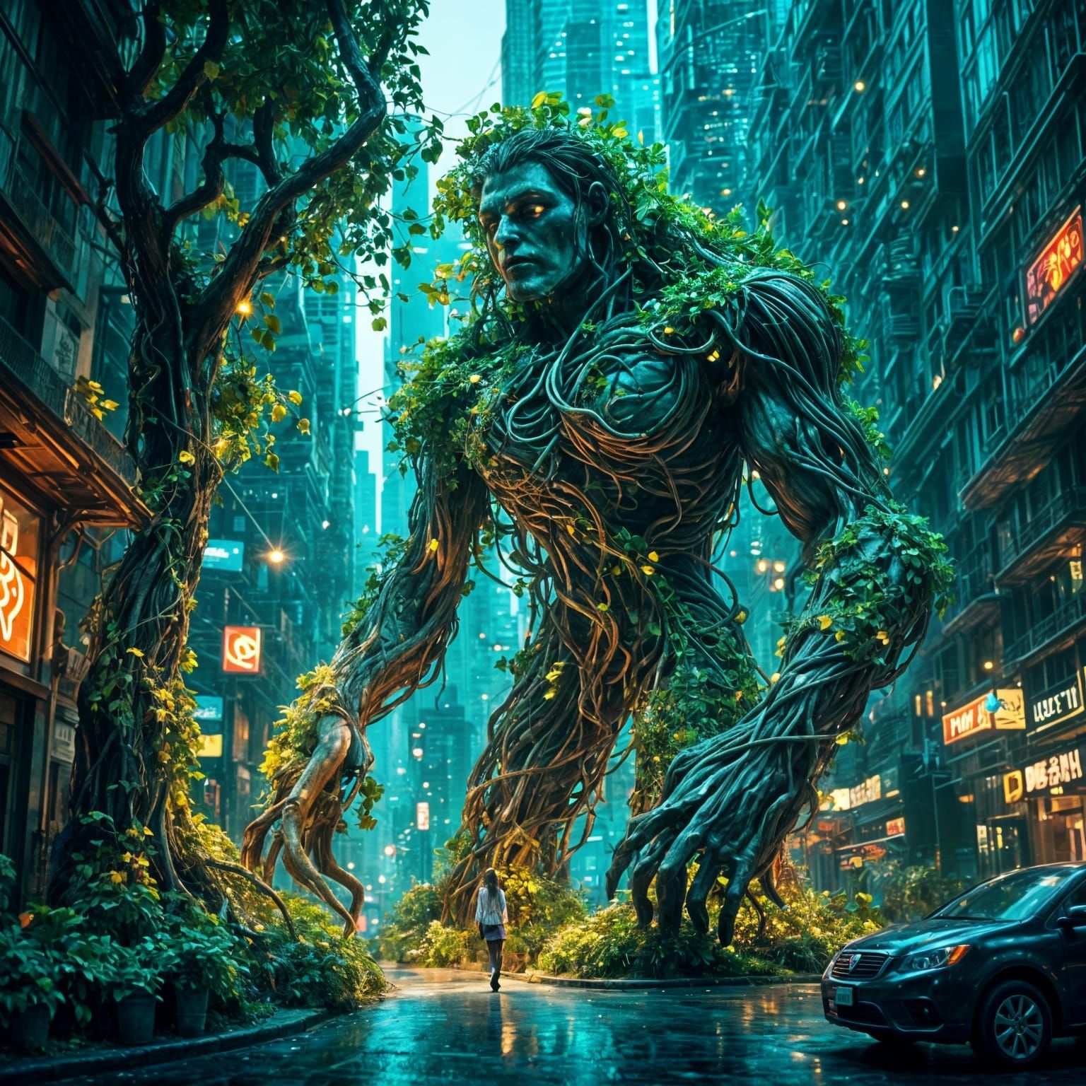 Nature Spirit Walking Through Neon City