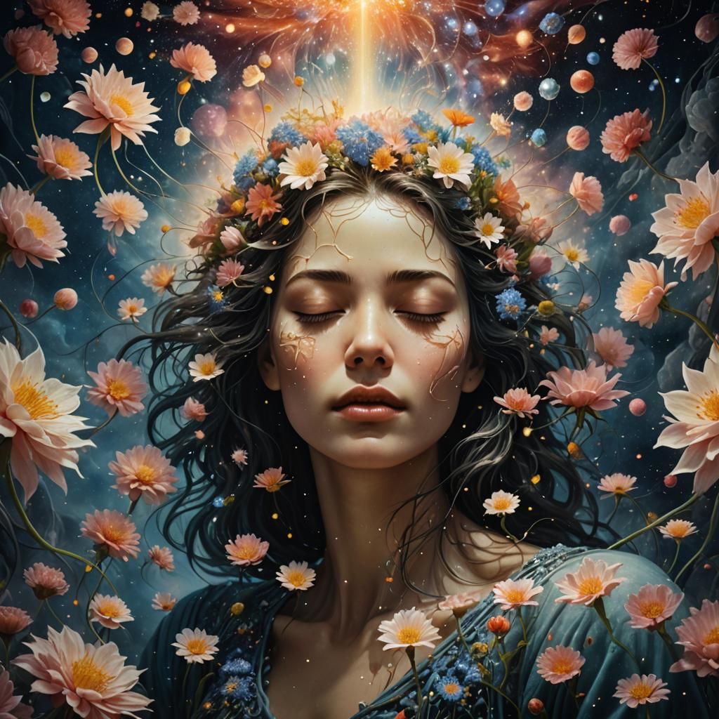Surreal Woman Surrounded by Flowers in Dreamlike State