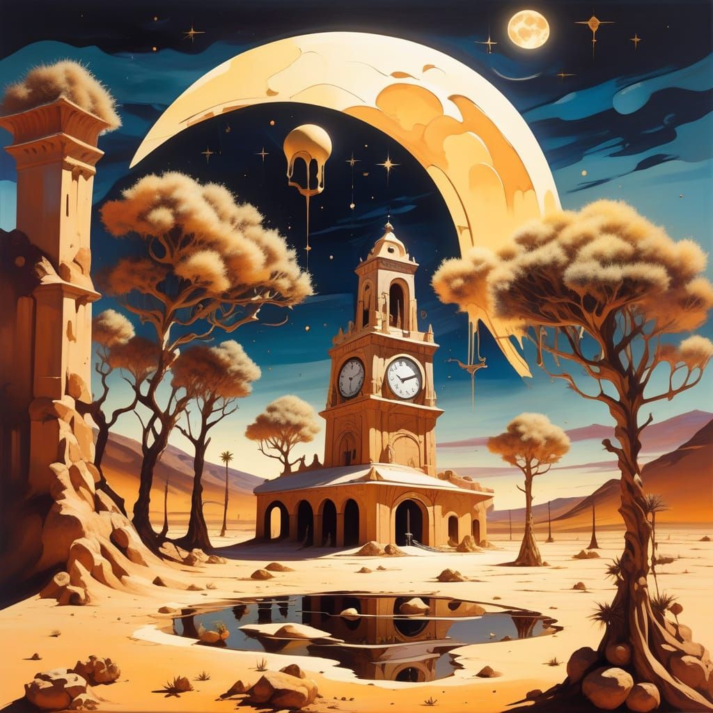 Surreal Melting Clock Tower in Moonlit Desert Landscape