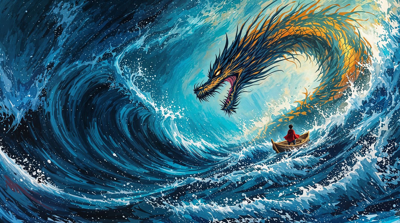 Epic Stormy Sea Captain Battles Dragon Wave