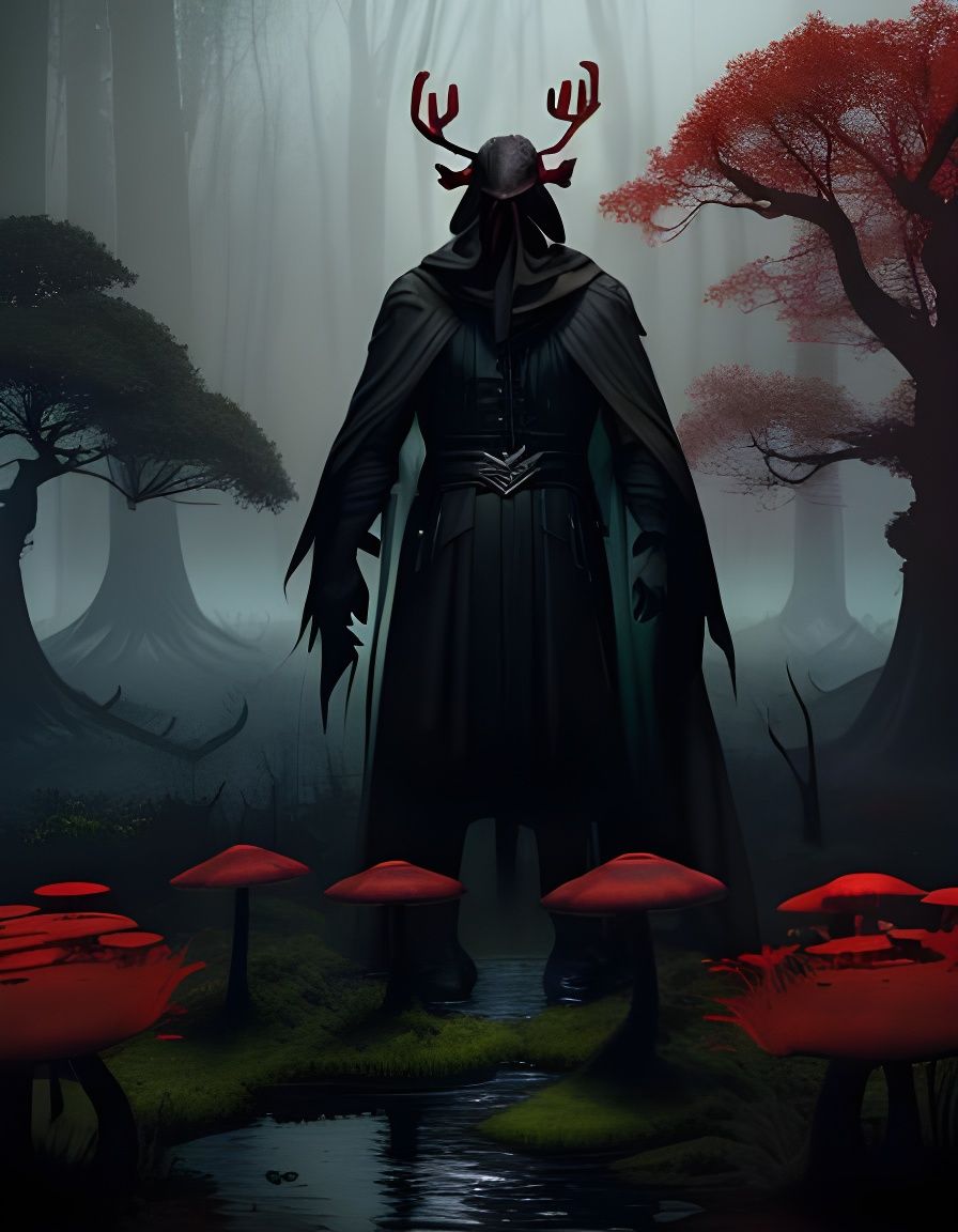Mysterious Antlered Figure in Dark Fantasy Forest