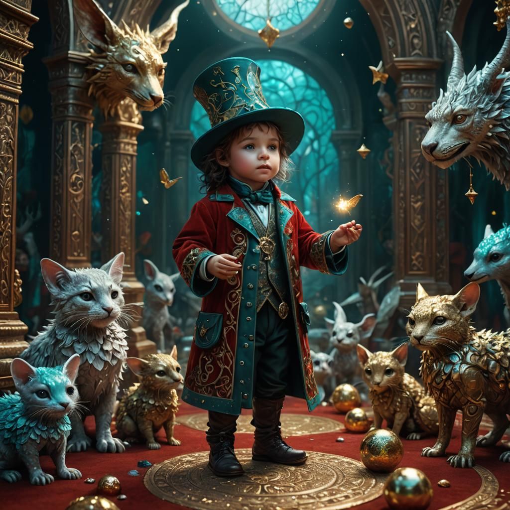 Toddler Magician with Magical Creatures in Fantasy Style