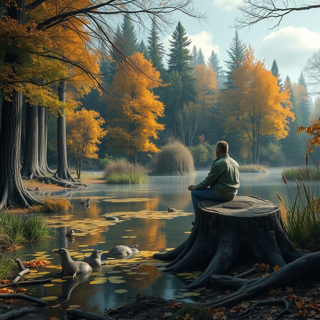 Autumn Forest Pond Scene in Hyperrealism