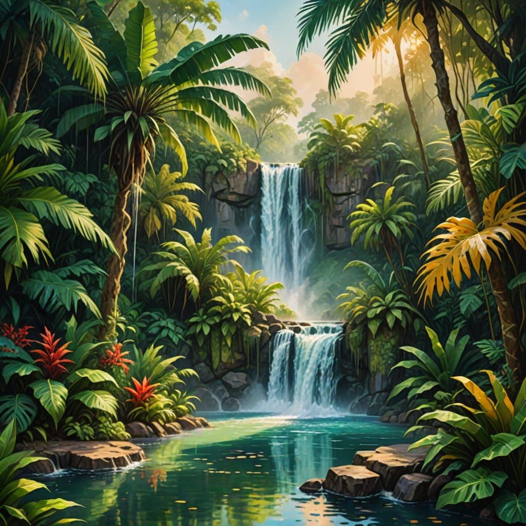 Vibrant Oil Painting of a Tropical Waterfall Paradise