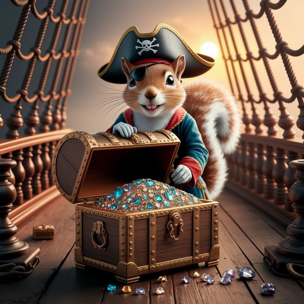 Pirate Squirrel Guarding Treasure Chest on Galleon