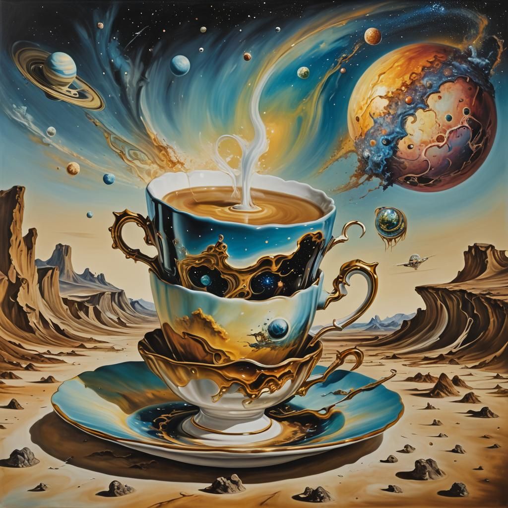 Galactic Teacup Orbiting Alien Planet: Surreal Oil Painting