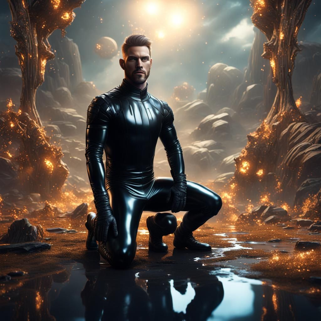 Handsome Man in Latex Suit: Detailed Digital Art