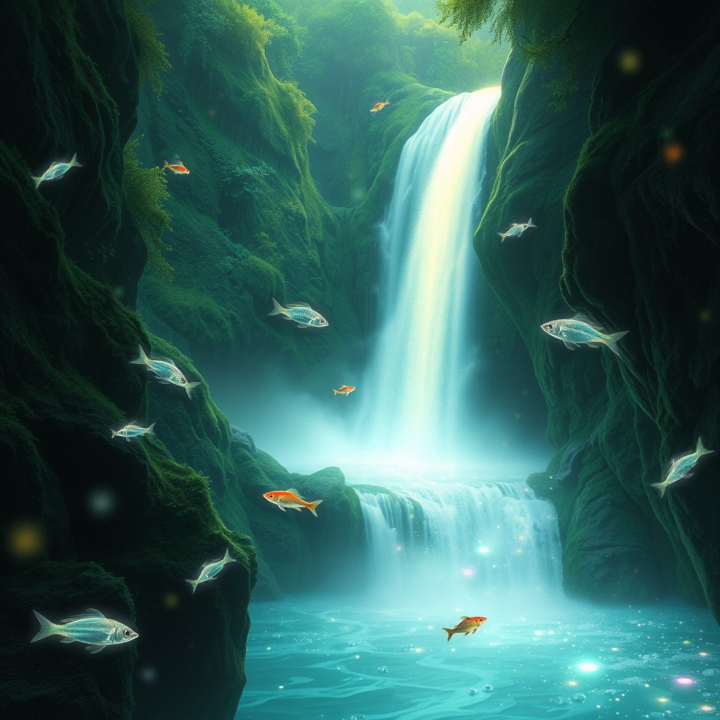 Enchanted Waterfall with Luminous Fish