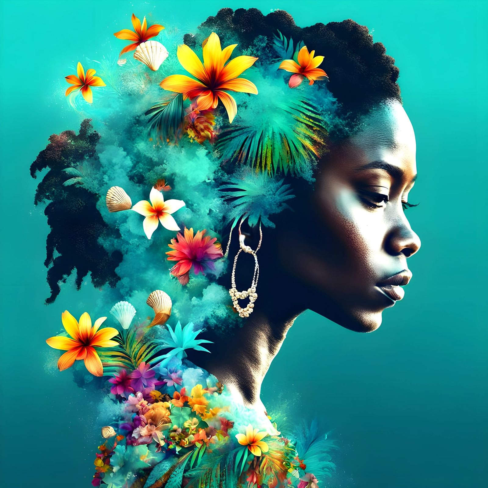 Surreal Jamaican Goddess Emerges from Vibrant Floral and Oce...