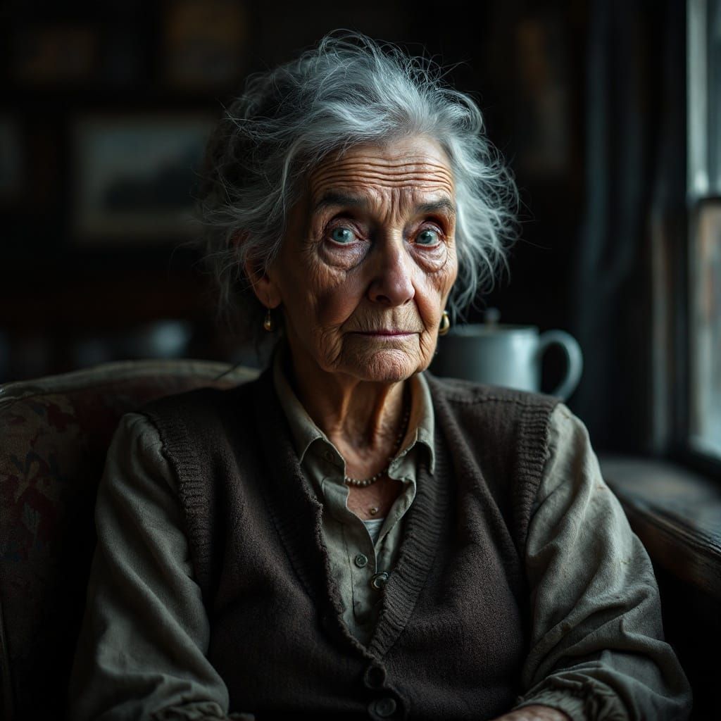 Nostalgic Elderly Woman in Dimly Lit Cafe