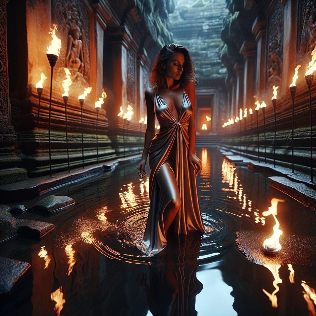 Woman in Silk Robe Walking Through Ancient Temple