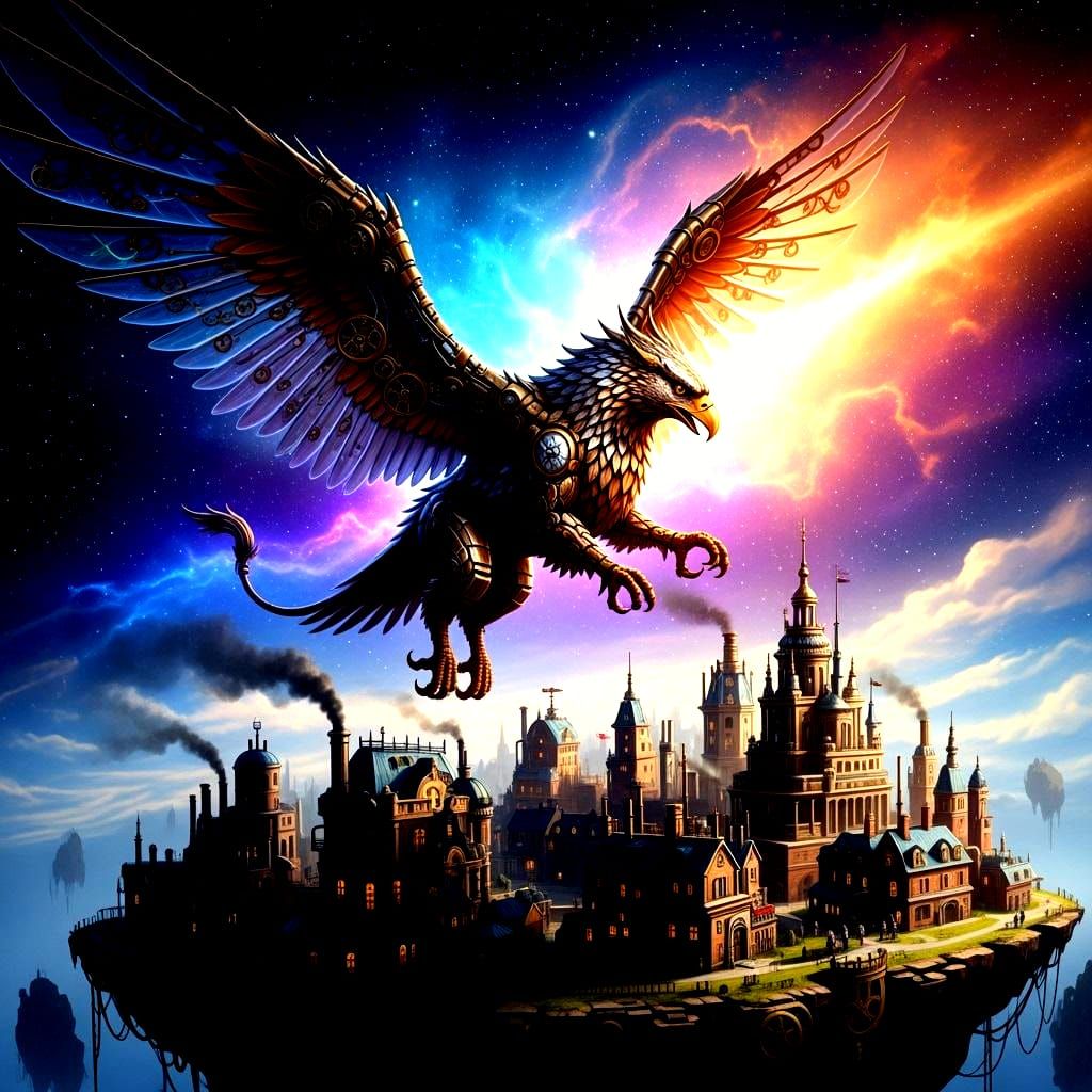 Steampunk Griffin Soaring Above City