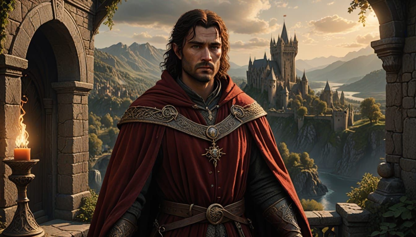 Regal Fifteenth Century Prince in Red Robe with Ruby Crown