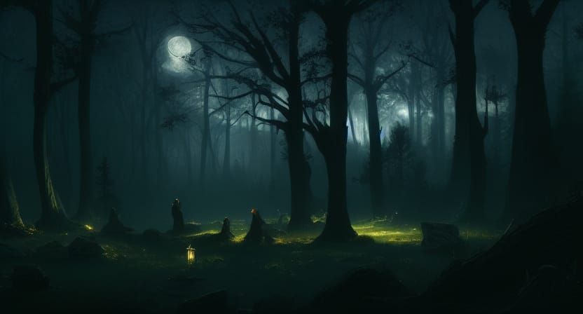 Night Forest Landscape with Bards in Dark Fantasy Style