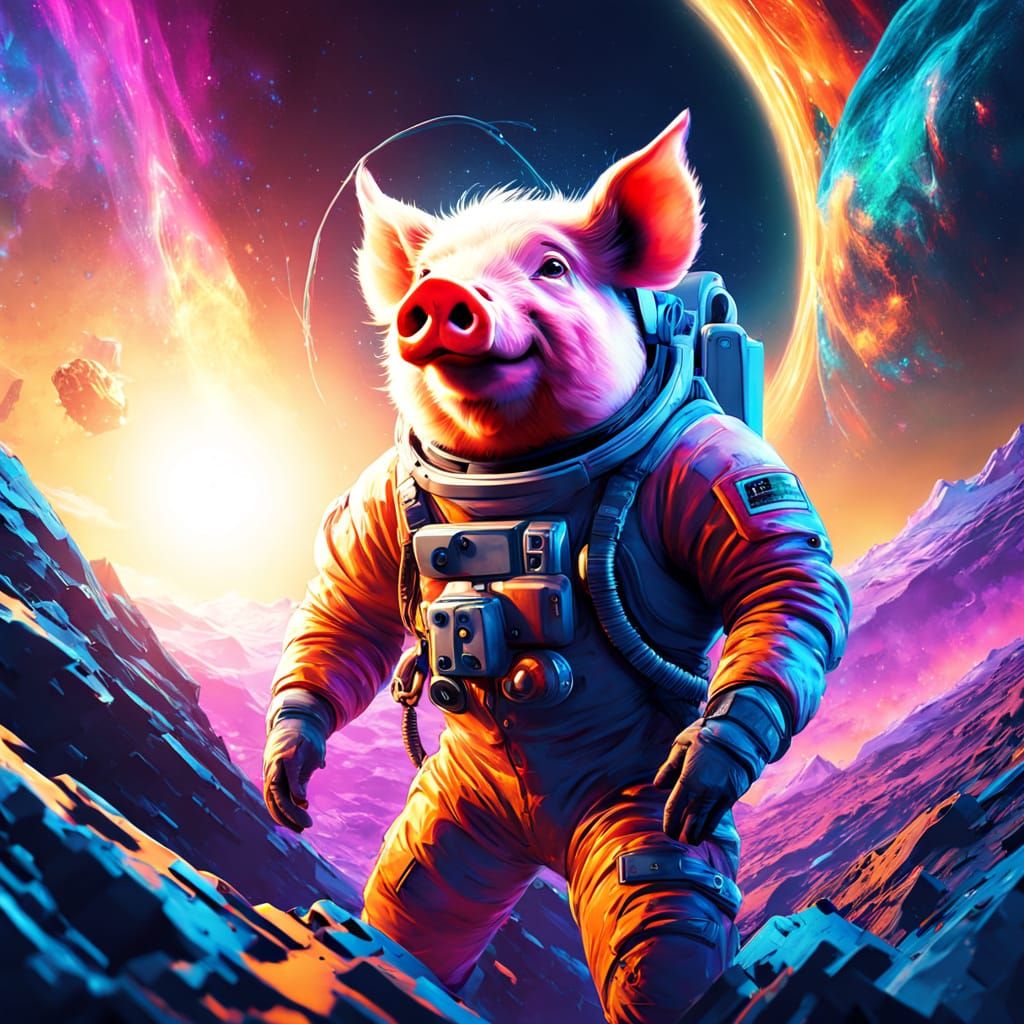 Pig Astronaut Lost in Neon Cosmic Sea