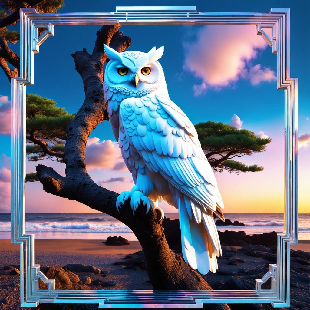 Opalescent Owl in Asymmetrical Crystal Frame