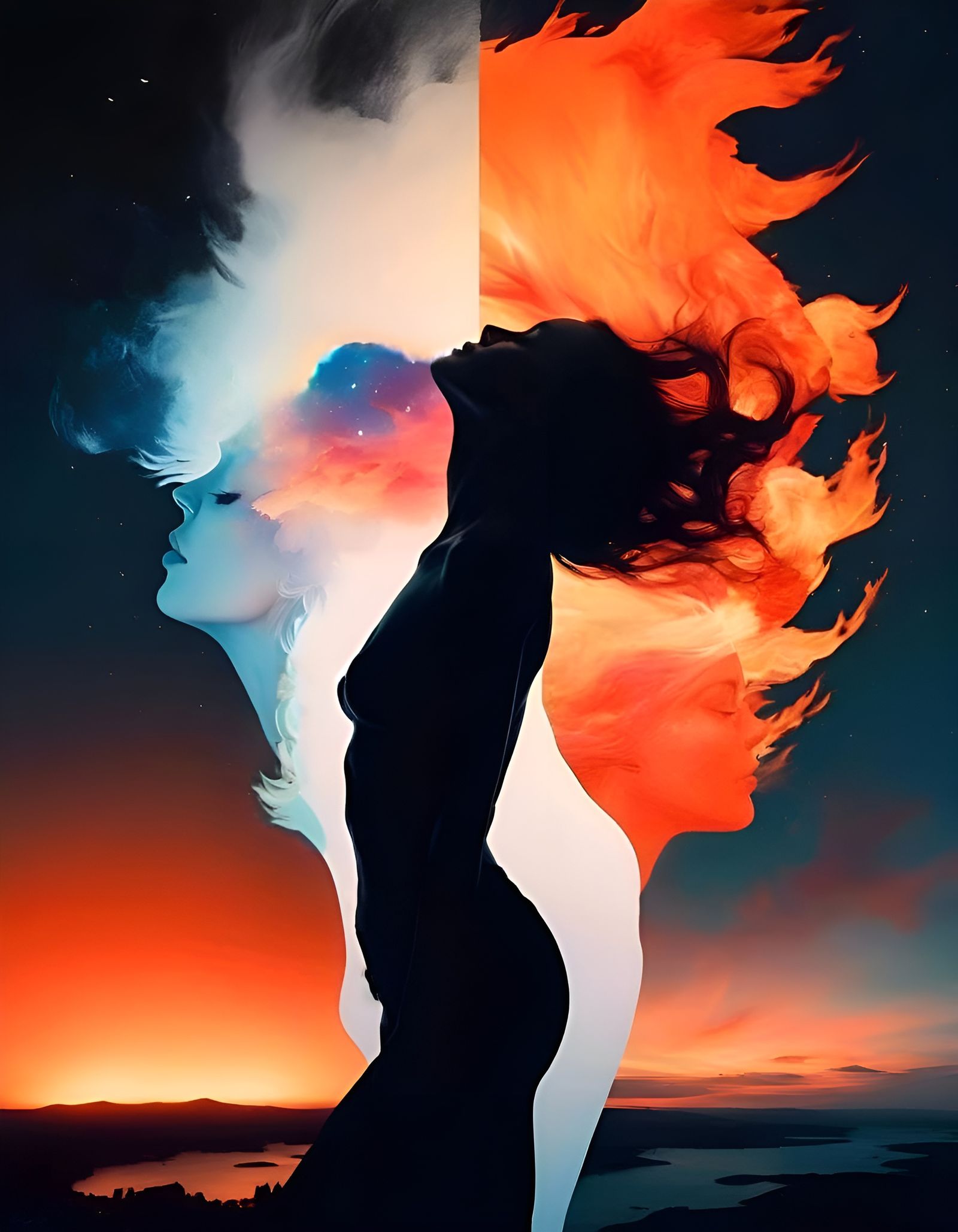 Flaming Night Sky Dreamscape: Duality of Light and Love