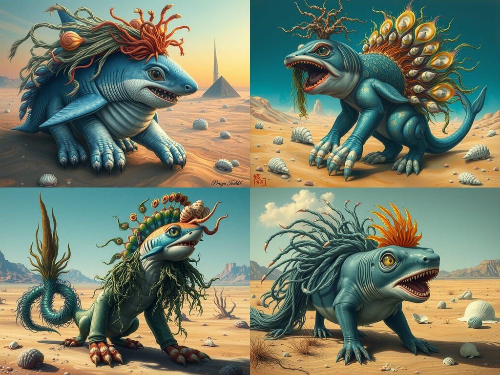 Surreal Shark-Peacock Chimera in Desert
