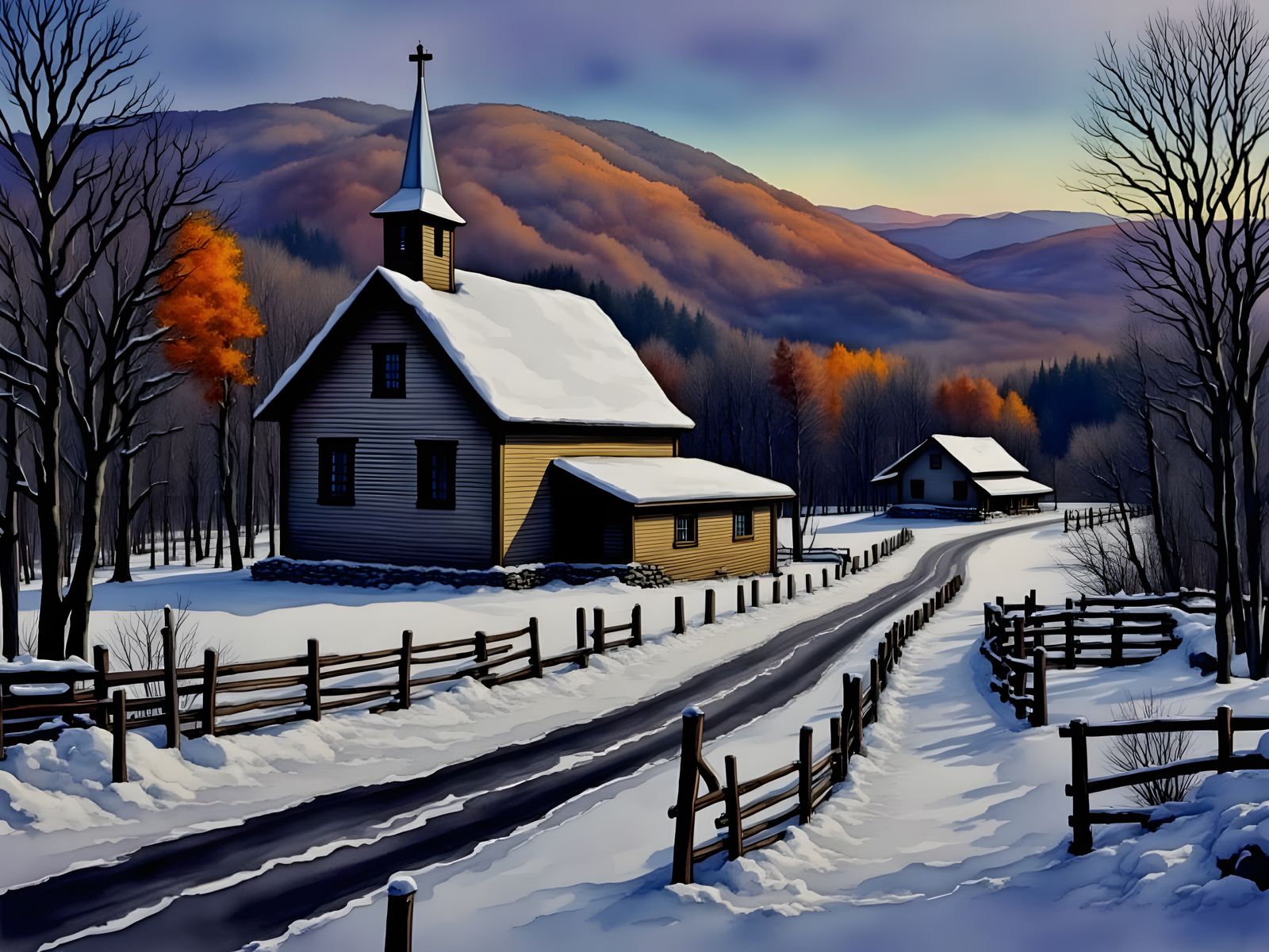 Winter Landscape in Stowe, Vermont: Snowy Chapel Amidst Autu...