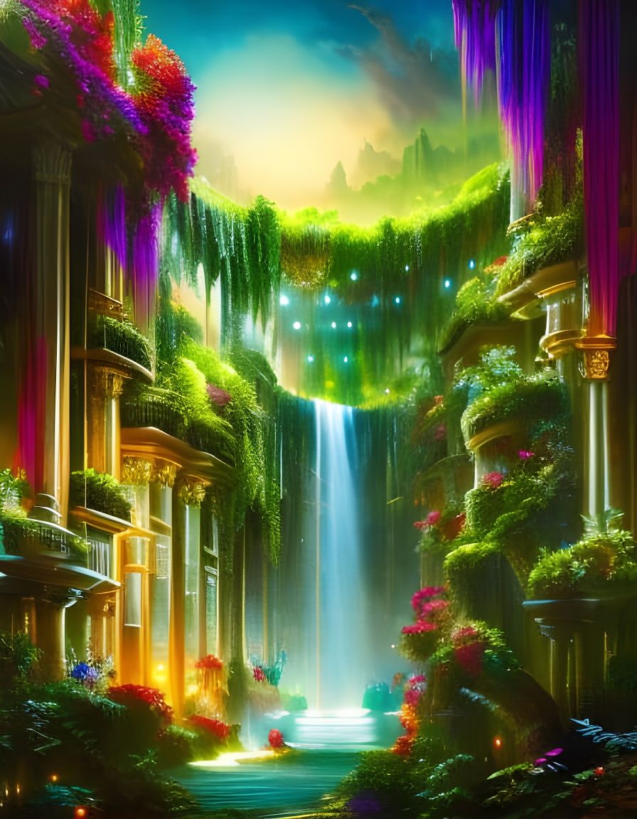 Lush Hanging Gardens of Babylon Ink Painting