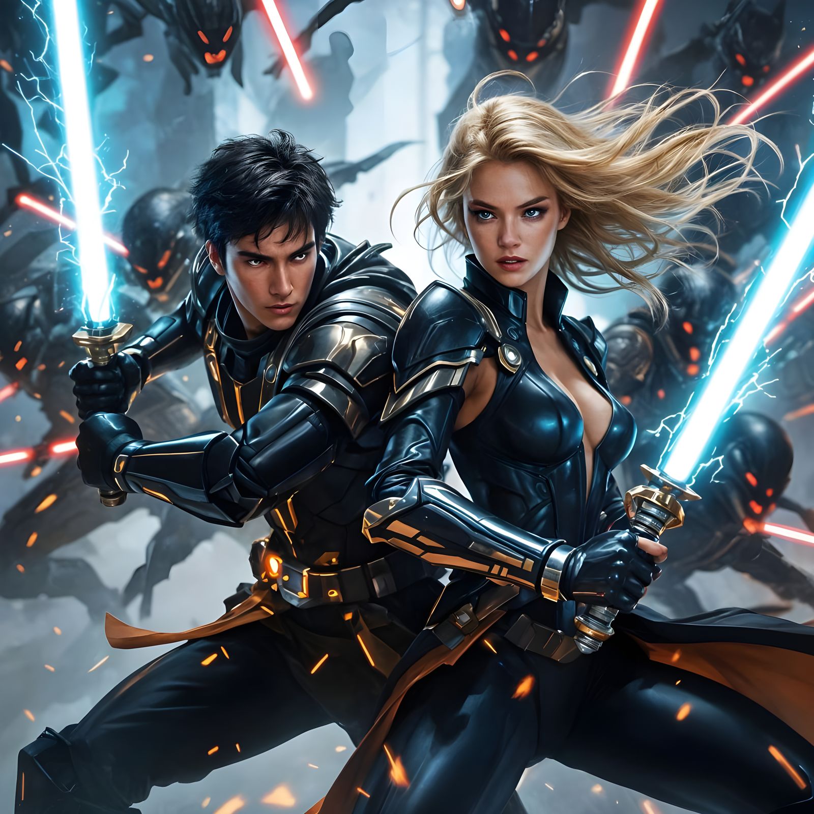 Dynamic Lightsaber Duel in a Neon Sci-Fi World