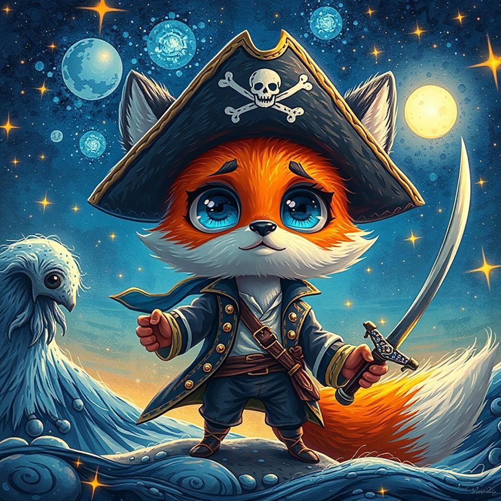 Adorable chibi fox pirate, wearing a miniature tricorn hat, ...