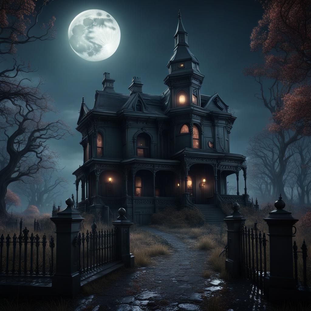 Eerie Victorian Home Under Moonlight, Fantasy Concept Art