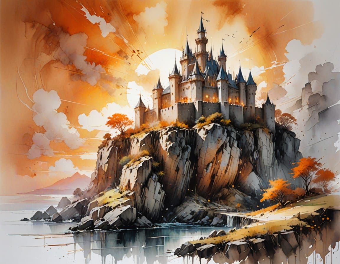 Fantasy Castle on Cliff at Sunset, Digital Art