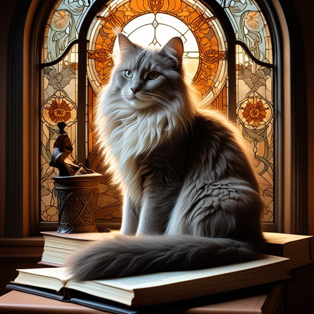 Majestic Angora Cat Surrounded by Leather-Bound Tomes in a S...