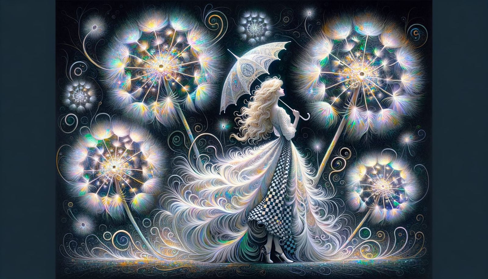 Iridescent Dandelions in a Dreamlike Landscape