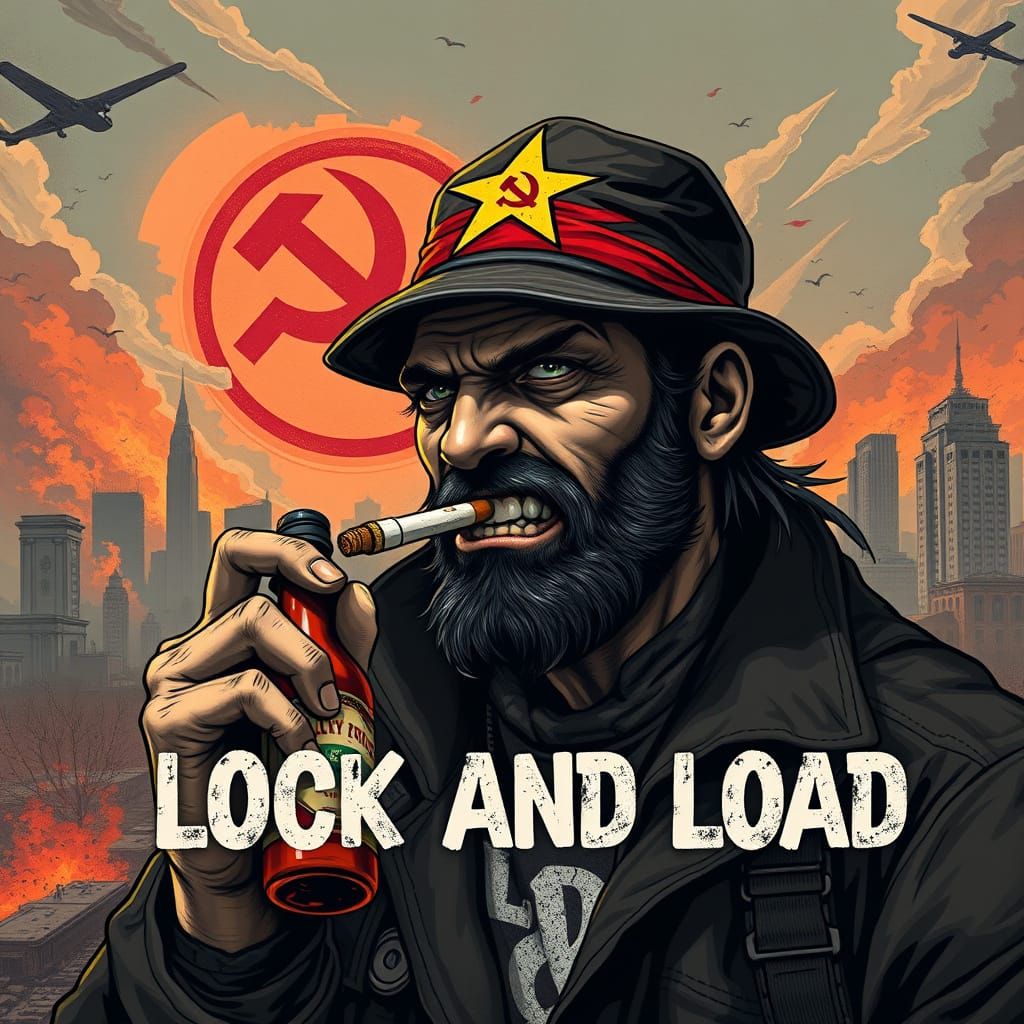 Gritty Patriot in Dystopian Ruins, Holding Hot Sauce and a L...