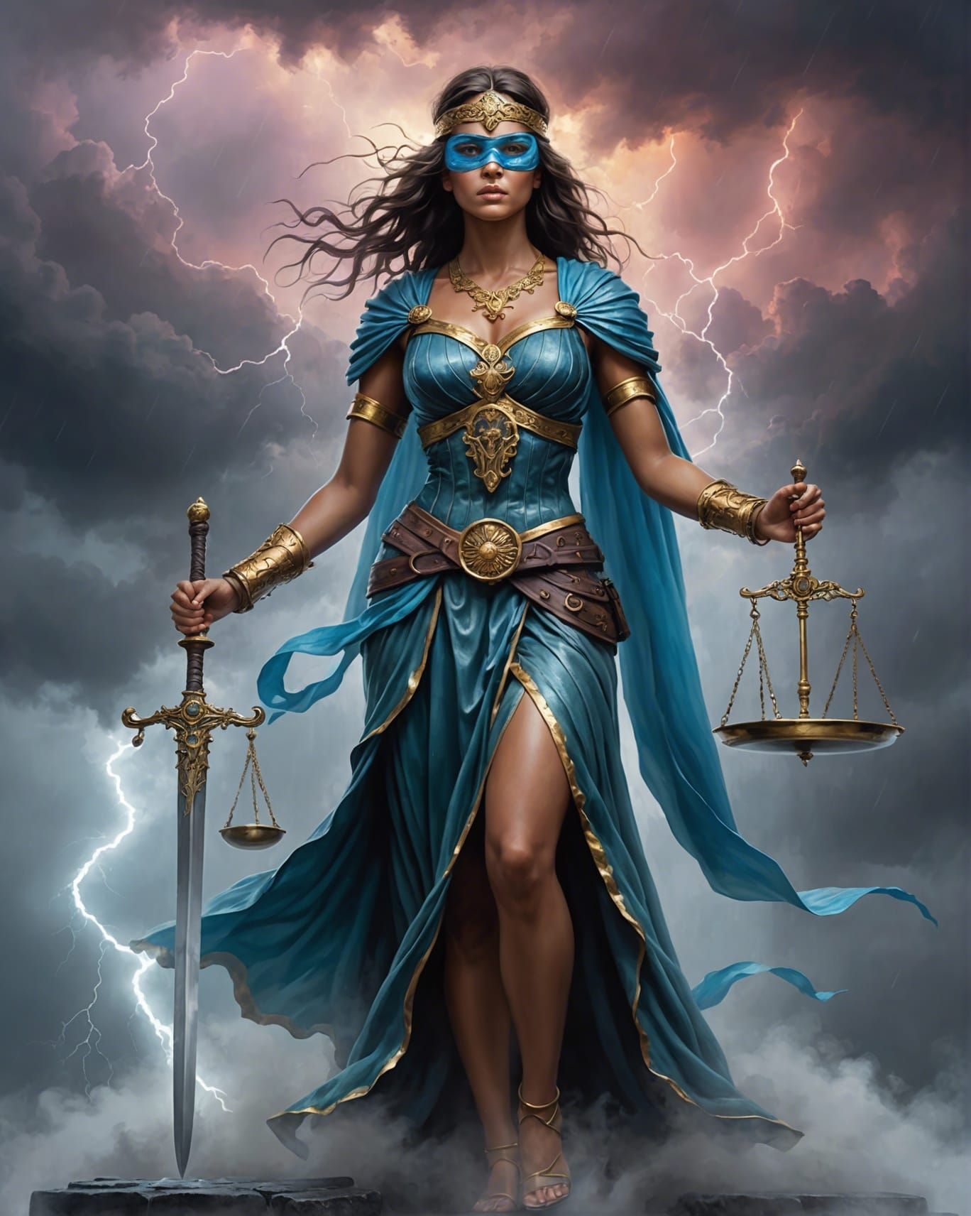 Hyperrealistic Lady Justice in Mystical Thunderstorm