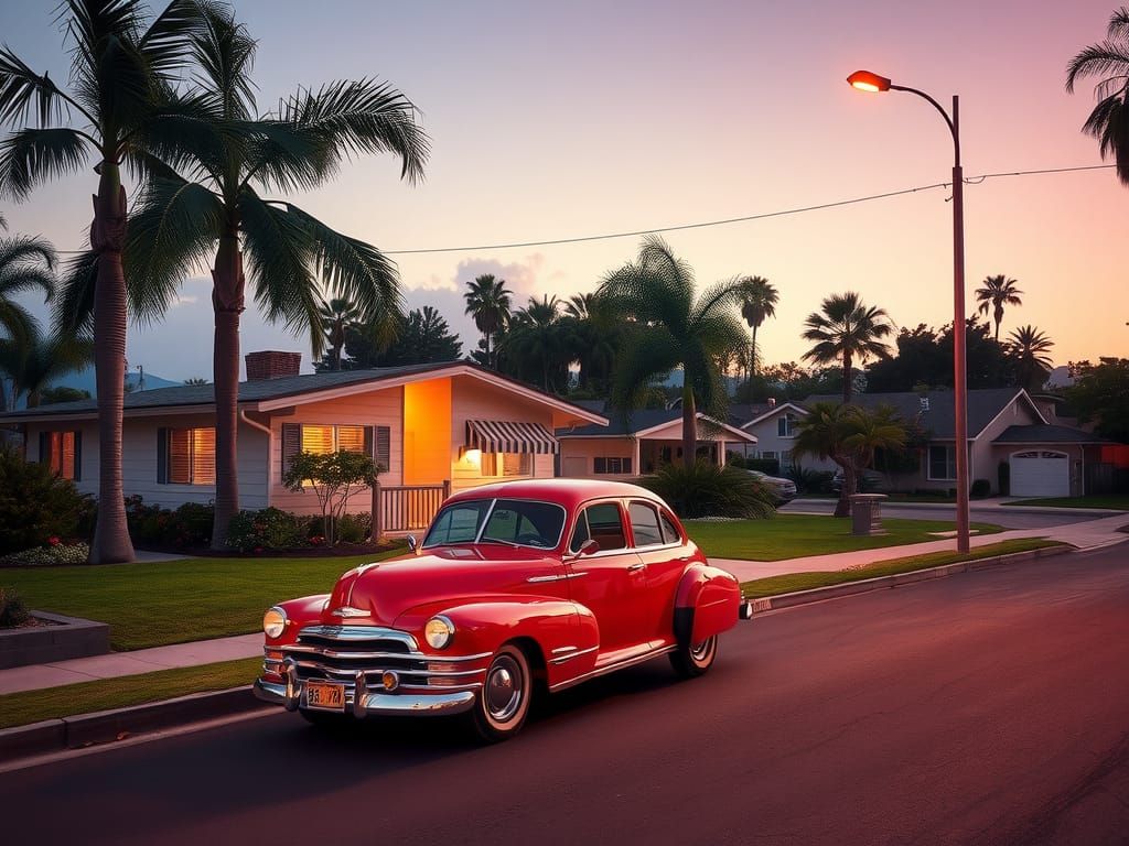 1940s Suburban Street Scene with Classic Car