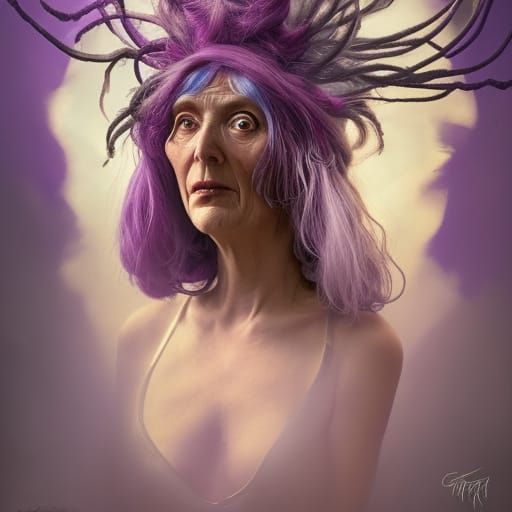 Eccentric Old lady with really wild looking purple wig with birds nesting in her wig& wild vibes& eccentric vibes& whims...