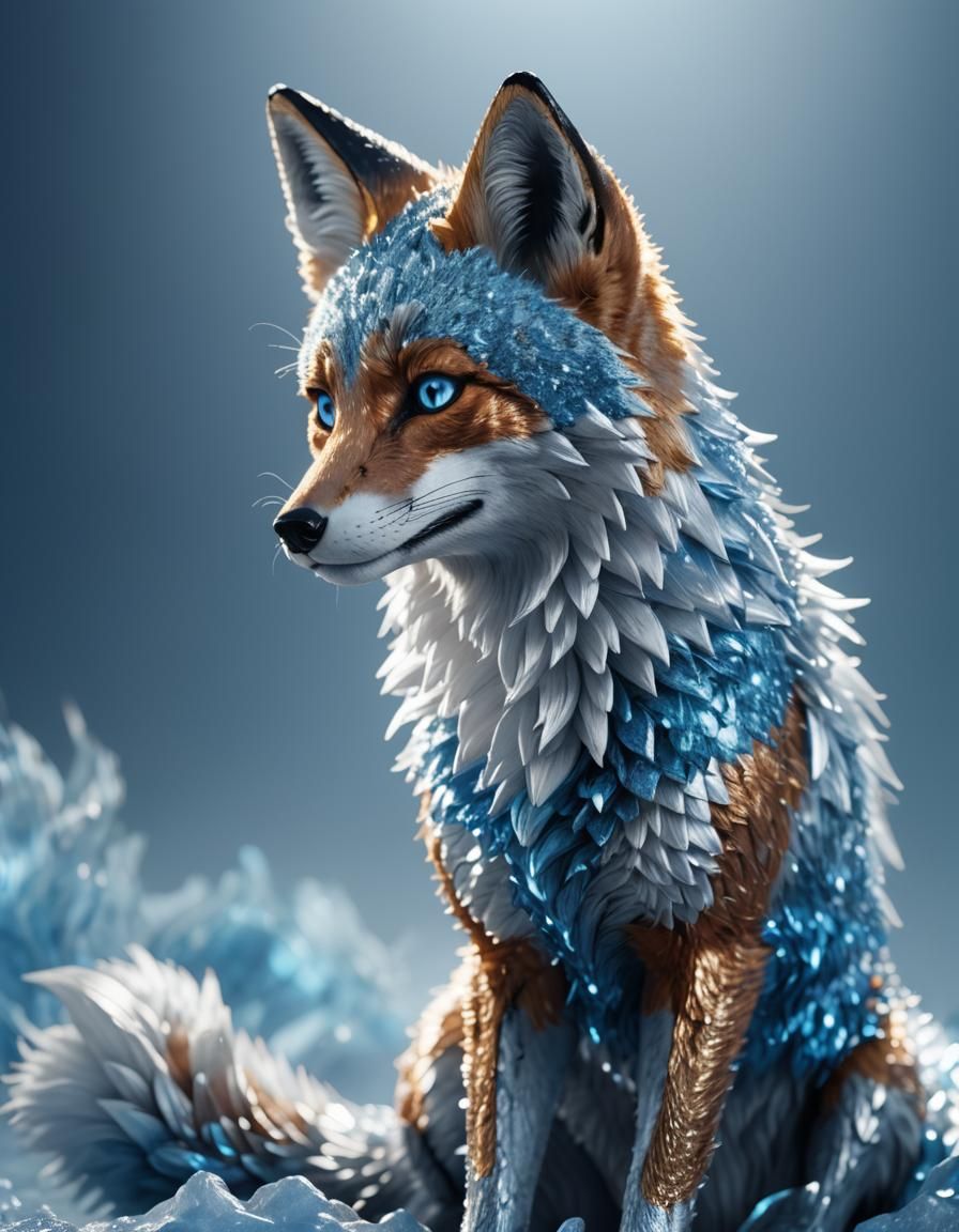 Metallic Fox Sculpture in Blue Mist: 3D Render